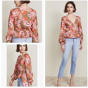 Finders Keepers Wrap Peplum Top Boho Songbird Floral Cuffed Sleeve Orange Pin…